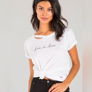 NWT Philanthropy Love Is Love Tee White Embroidered Slit Neck XS